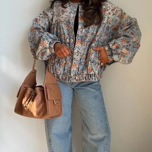 Floral denim bomber jacket